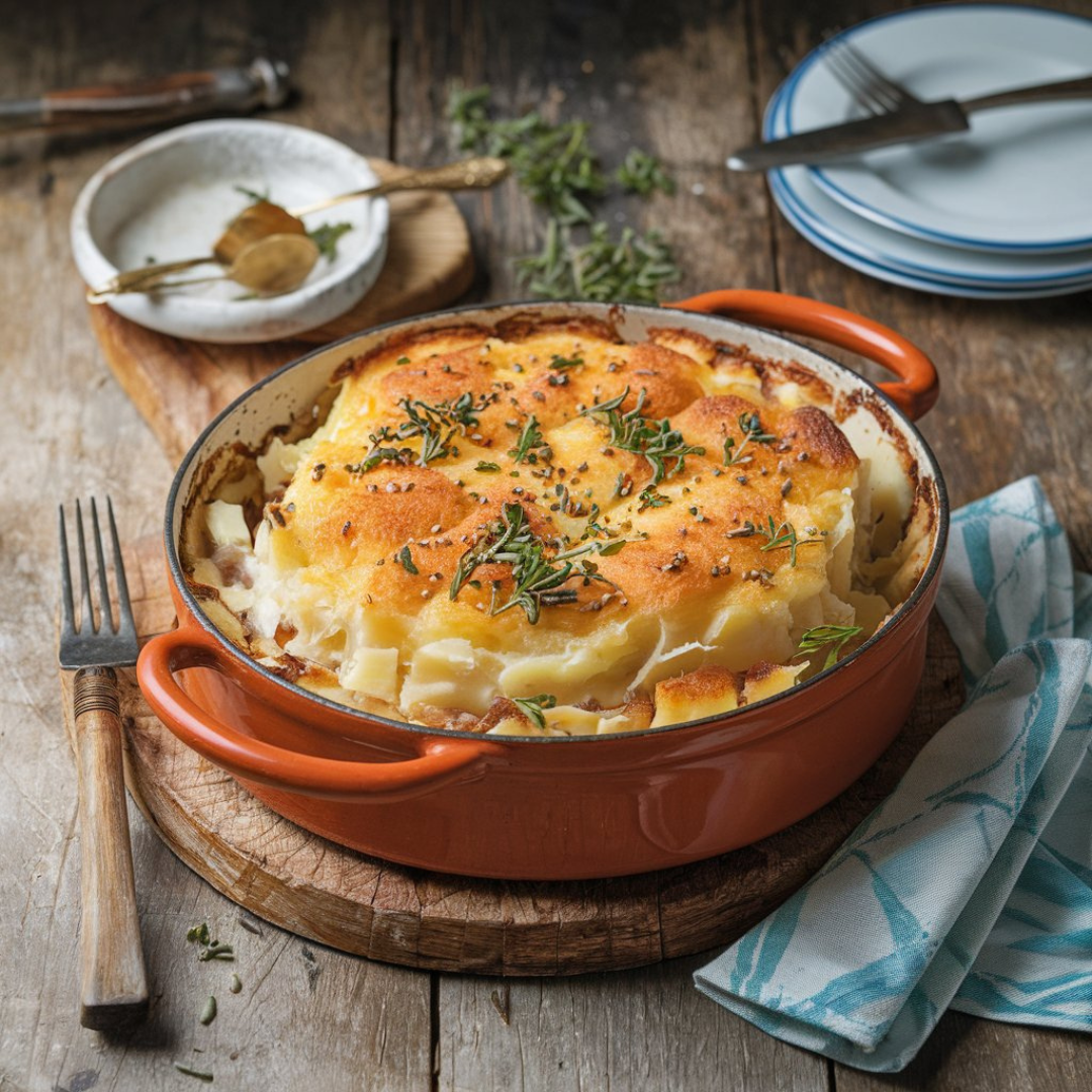 A golden, bubbly dish of Dauphinoise Gratin, topped with fresh rosemary and black pepper, served in a rustic casserole dish on a wooden table.