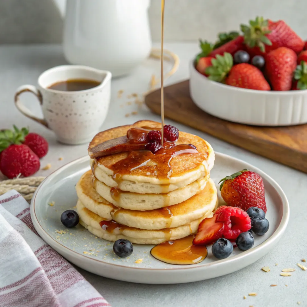 Pancakes with Berries, Bacon & Maple Syrup Drizzle