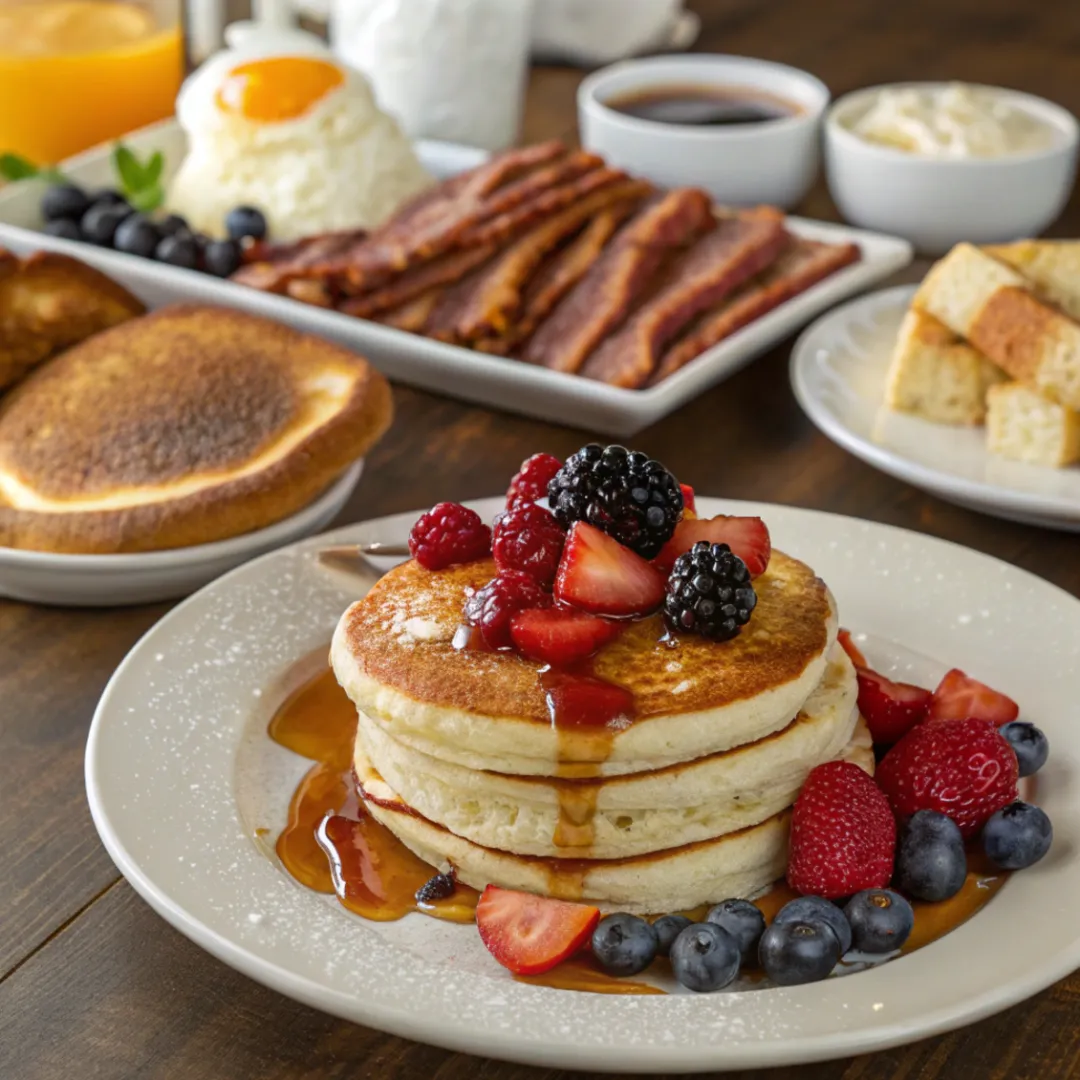 Ultimate Breakfast Feast with Pancakes, Bacon & Berries