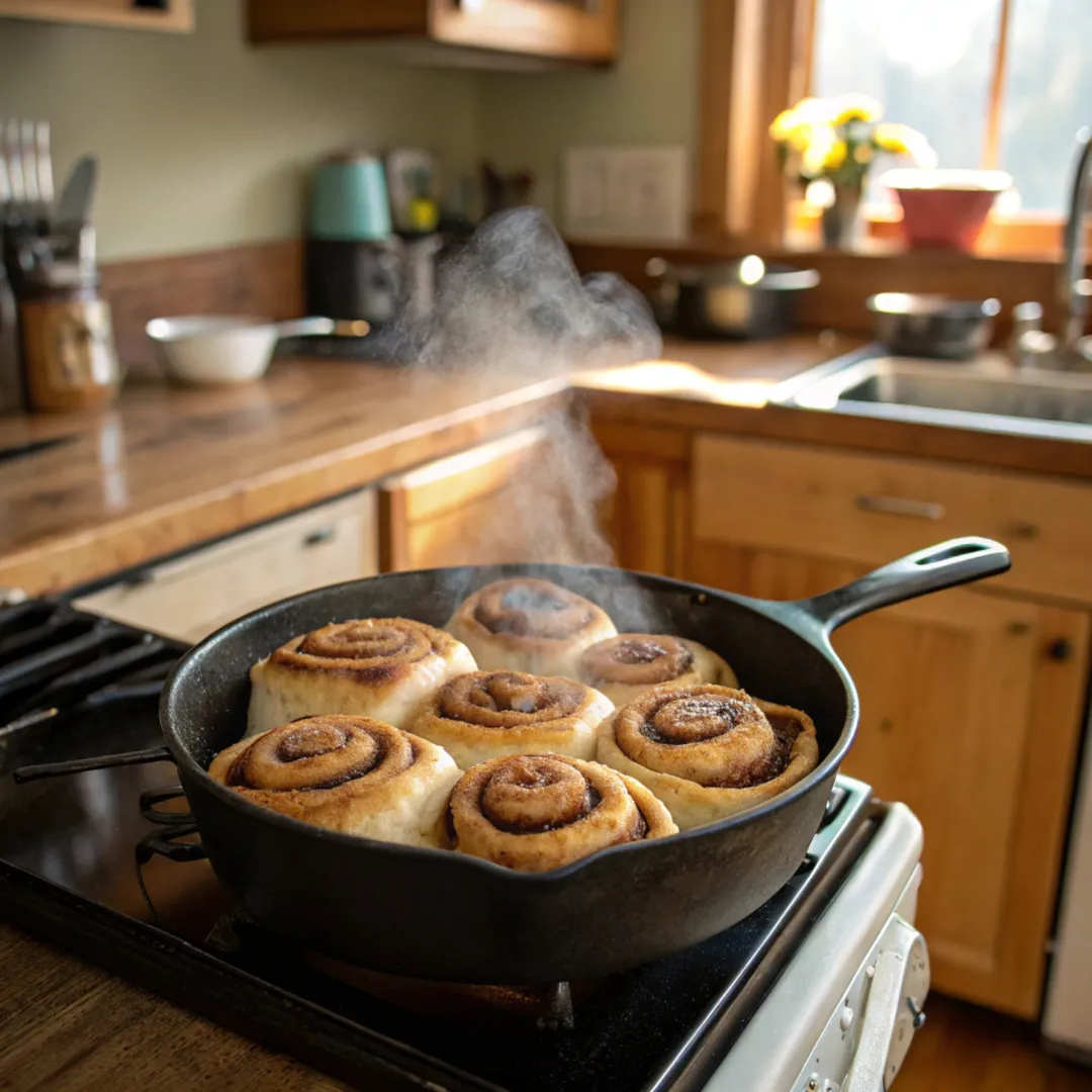 This image showcases cinnamon rolls being cooked on the stovetop, capturing the delicious steam rising from the skillet as they bake. The cast iron skillet gives these rolls the perfect balance of crispy edges and soft, gooey centers. A perfect recipe for making cinnamon rolls without turning on the oven—ideal for cozy mornings or when you want a warm, homemade treat in no time!