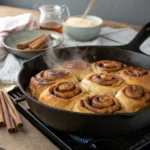 Freshly baked cinnamon rolls in a cast iron skillet, steaming and golden brown, ready to be enjoyed with a drizzle of syrup.
