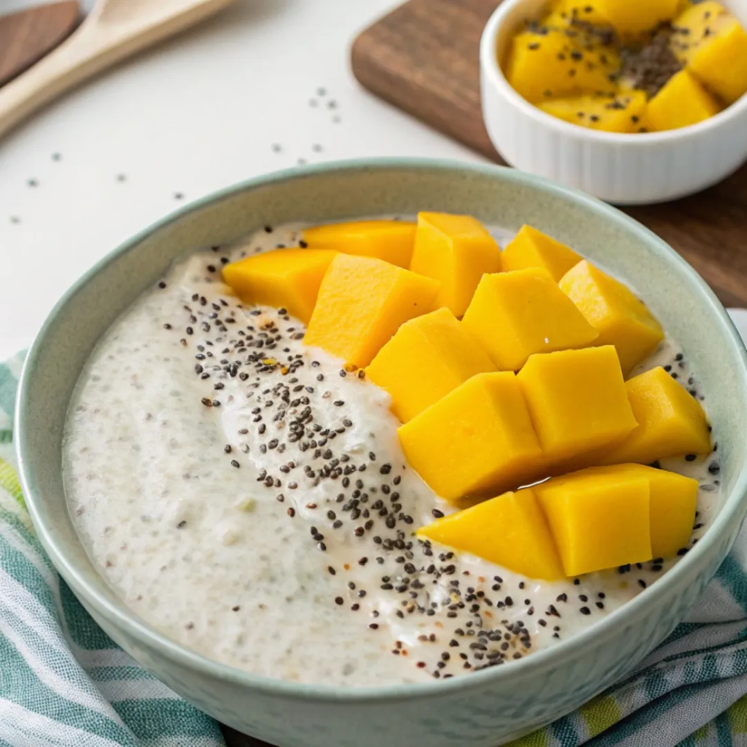Coconut chia pudding mango and shredded coconut, served in bowls