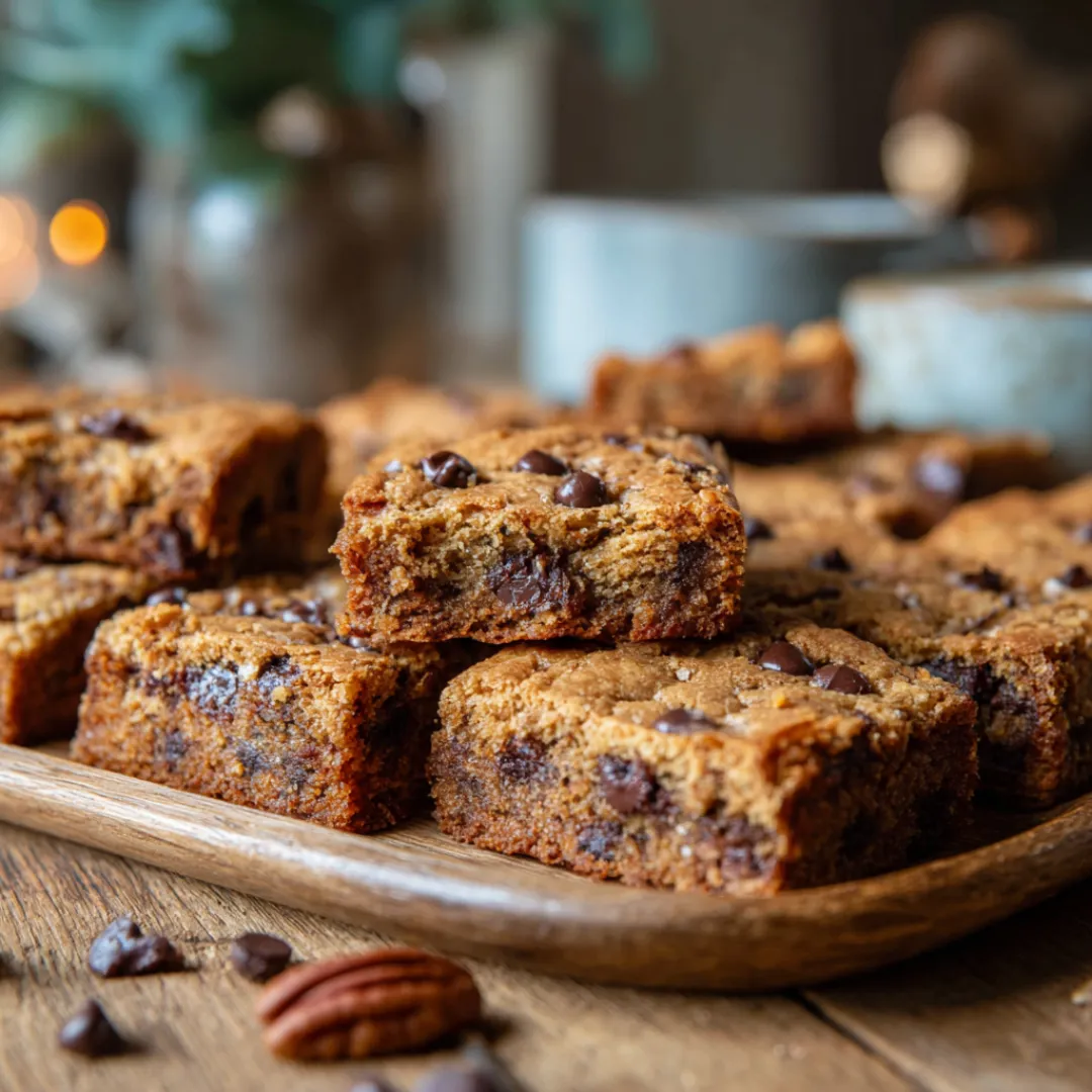 Chocolate chip pecan cookie bars freshly baked