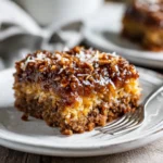 Old fashioned Texas tornado cake slice with coconut pecan topping