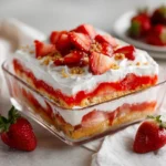 Strawberry lasagna with Golden Oreos in baking dish