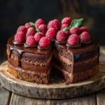 Homemade chocolate mousse cake with ganache and raspberries