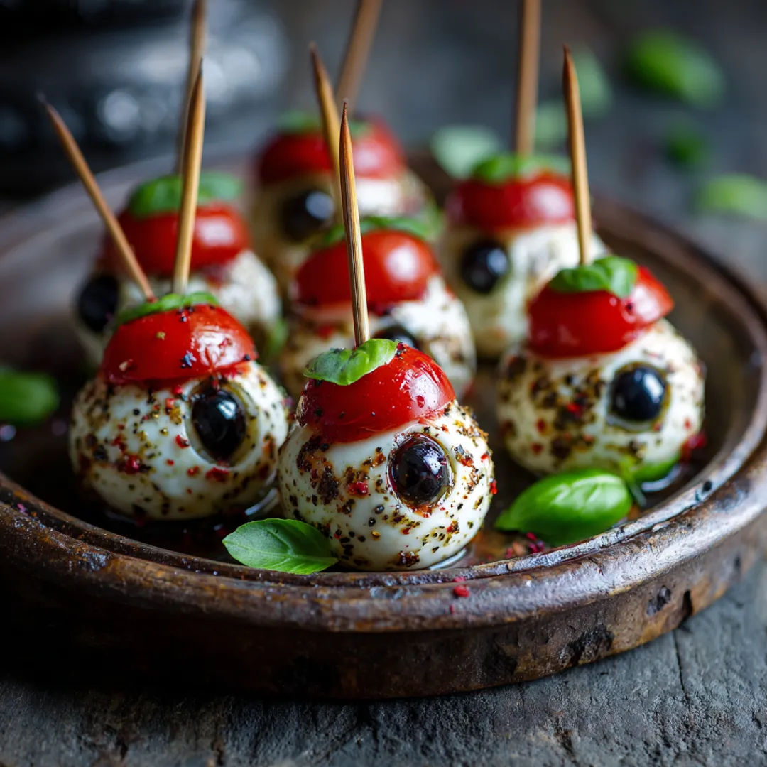 Preparing tomatoes and olives for Caprese Eyeball Bites