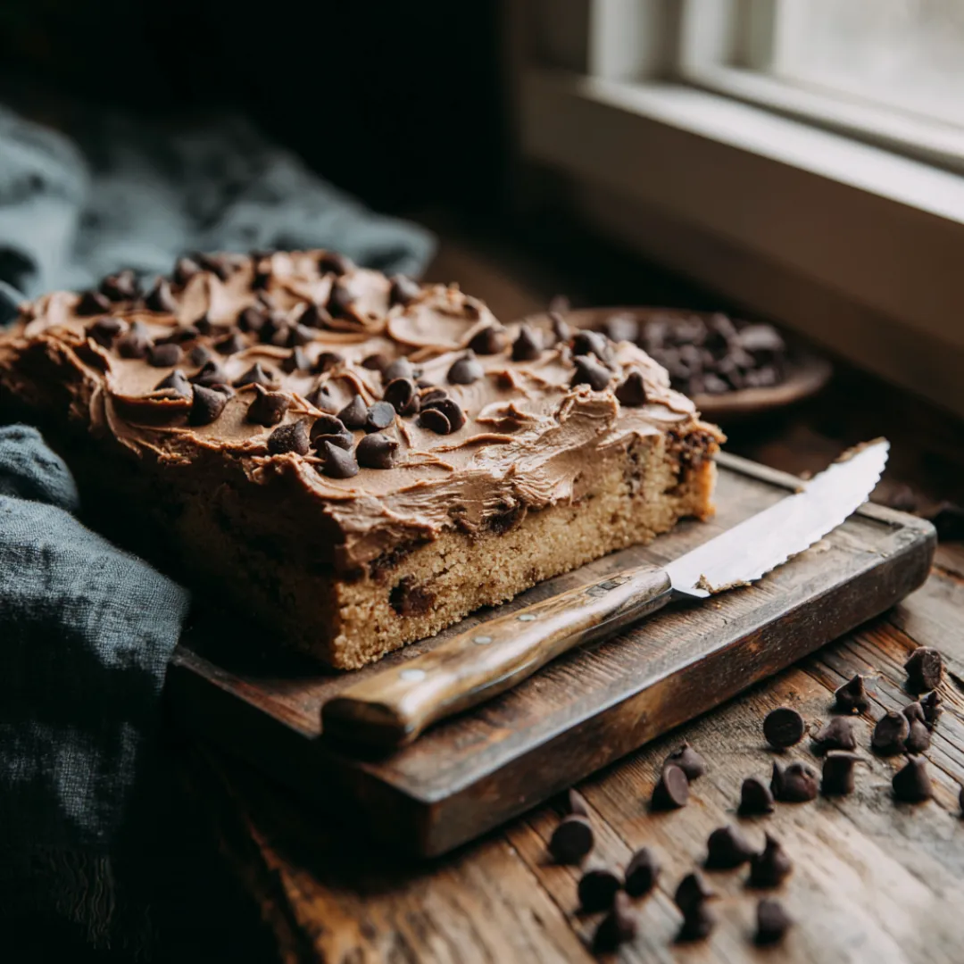 chocolate chip cookie bars with cookie dough frosting on tray