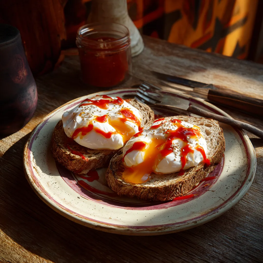 Vampire Bite Poached Eggs with hot sauce drizzle