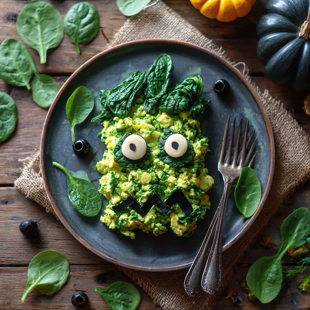 Frankenstein Scrambled Eggs with spinach on a plate