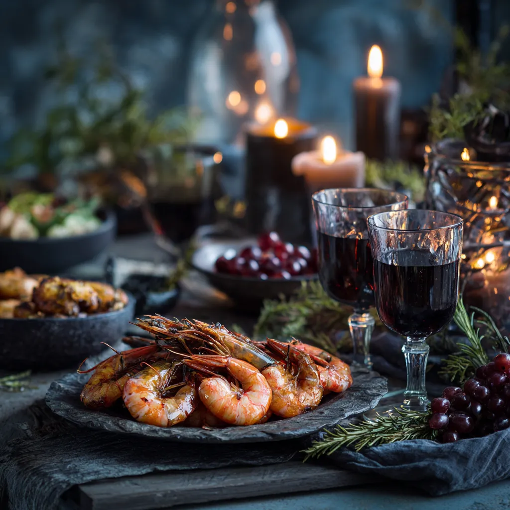 Black Magic Shrimp Cocktail served elegantly with lemon and sauce