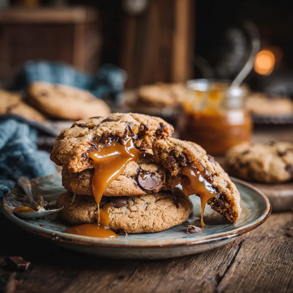 Caramel-stuffed chocolate chip cookies on a plate
