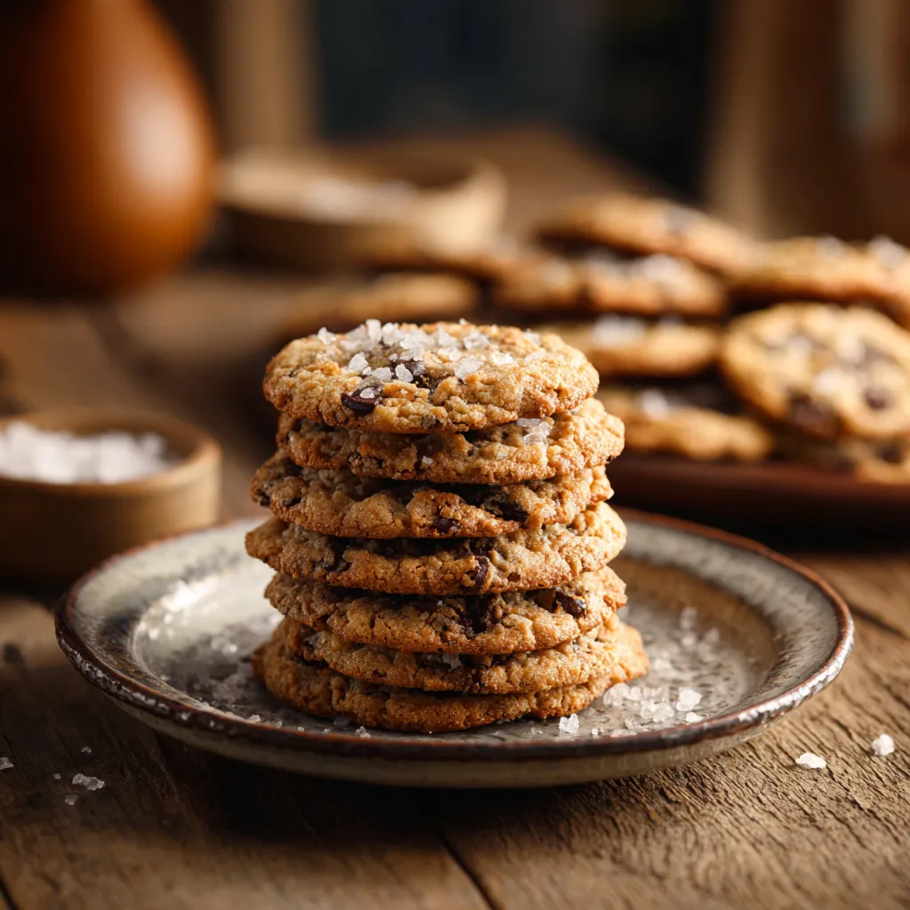 Sea Salt & Toffee Chocolate Chip Cookies stacked on a plate