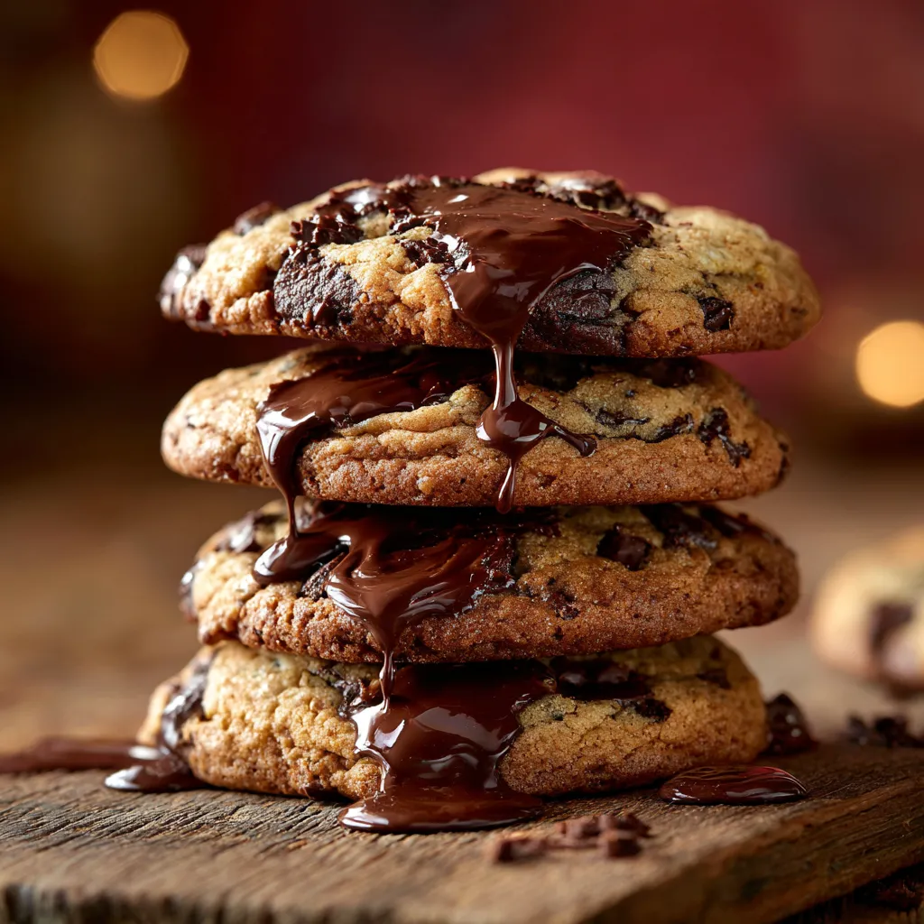 Triple Chocolate Chunk Cookies stacked with melted chocolate