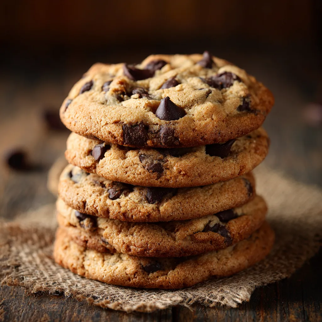 bakery-style chocolate chip cookies on a wooden table