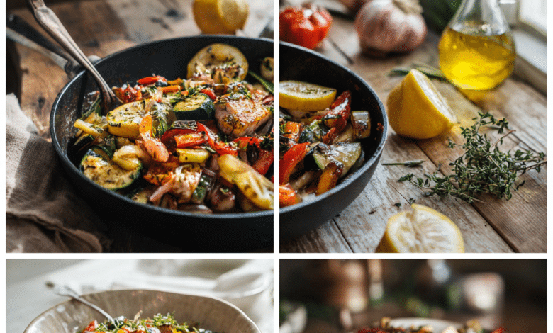 4 Pinterest-style vertical food photography images showing a healthy dinner recipe for clean eating, Mediterranean style, inspired by Greek home cooking. Image 1 (Featured Image): bright natural light, rustic Greek kitchen table, clean eating chicken and vegetable skillet, olive oil drizzle, lemon slices, fresh herbs, cozy warm tones, inviting and fresh, minimal props, Pinterest aesthetic. Image 2 (Ingredients Flat Lay): top-down view of fresh clean eating ingredients neatly arranged: raw chicken breast, zucchini, red bell pepper, cherry tomatoes, garlic, onion, lemon, olive oil bottle, oregano, parsley, neutral linen background, airy, bright, organic, Pinterest food flat lay. Image 3 (Cooking / Mixing Process): action shot of cooking, hands stirring chicken and vegetables in a large skillet on stovetop, steam rising, olive oil glistening, natural daylight, candid home cooking feel, Mediterranean kitchen mood, clean and authentic. Image 4 (Final Plated Dish): finished healthy clean eating dinner served in a shallow ceramic bowl, colorful vegetables and tender chicken, fresh herbs on top, lemon wedge on the side, rustic wooden table, soft shadows, elegant but simple, Pinterest viral food style. Ultra-realistic food photography, professional composition, shallow depth of field, high detail, soft natural light, warm Mediterranean color palette, no text, no people faces, no clutter.