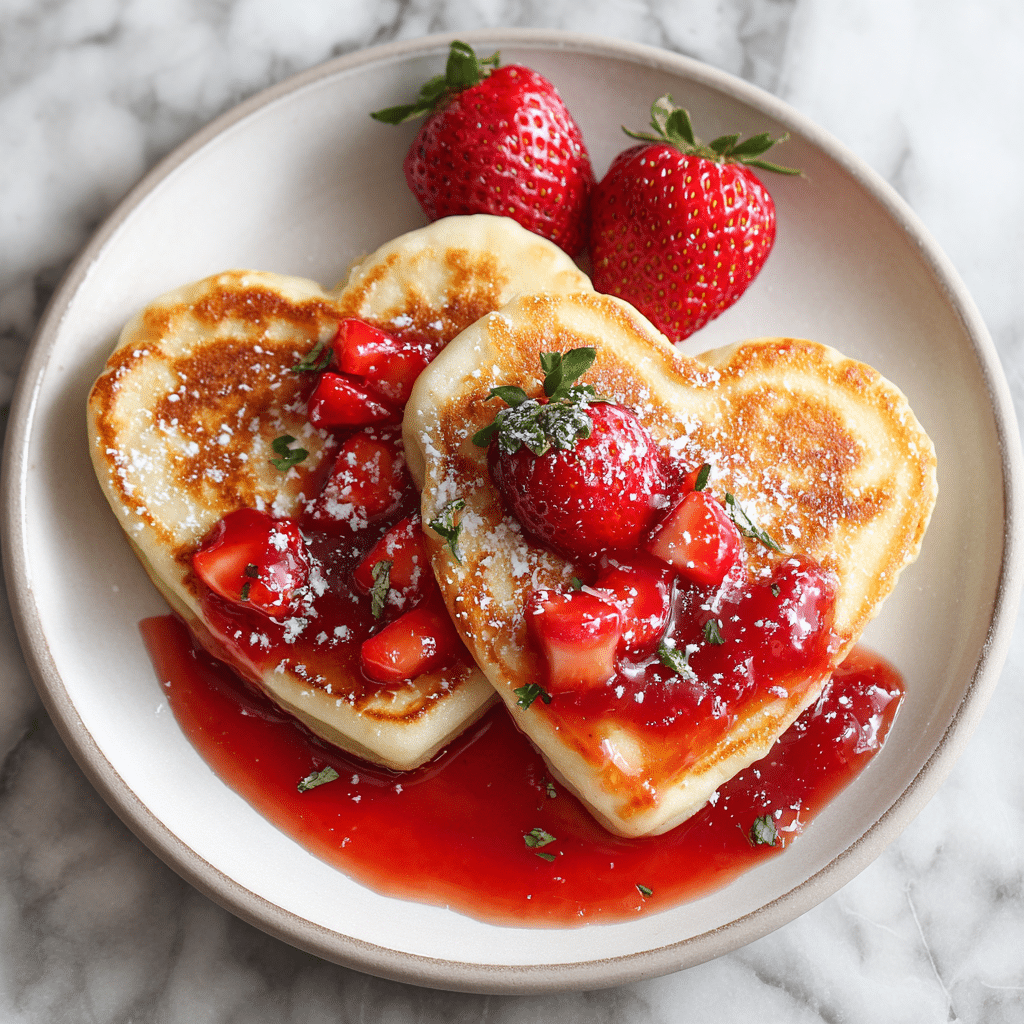 Heart-Shaped Pancakes with Strawberry Syrup – A Sweet Breakfast Made with Love