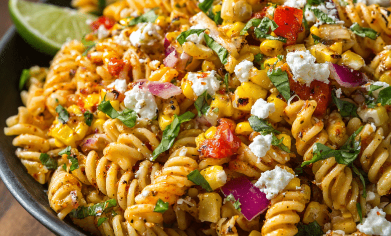 Spicy Street Corn Pasta Salad with Chili Lime Sauce – A Summer Bowl Full of Fire and Love