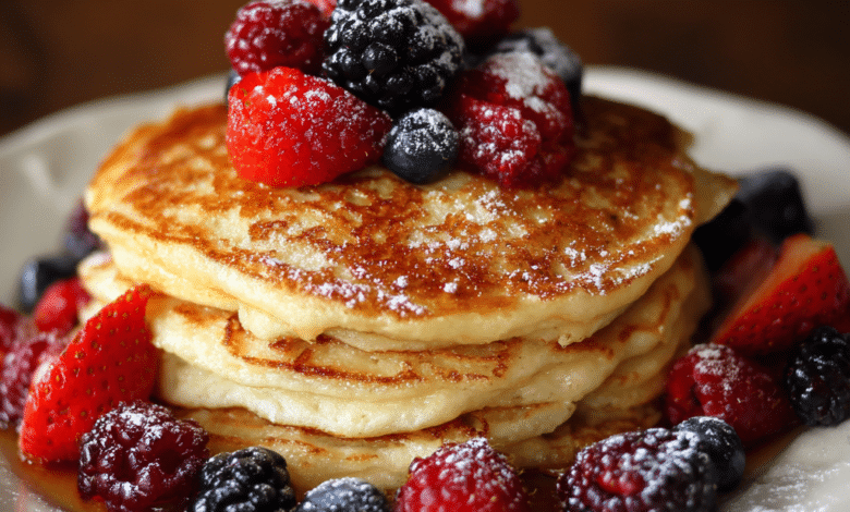 Soft vanilla bean pancakes topped with fresh berries. A comforting homemade breakfast recipe made with love and simple ingredients.
