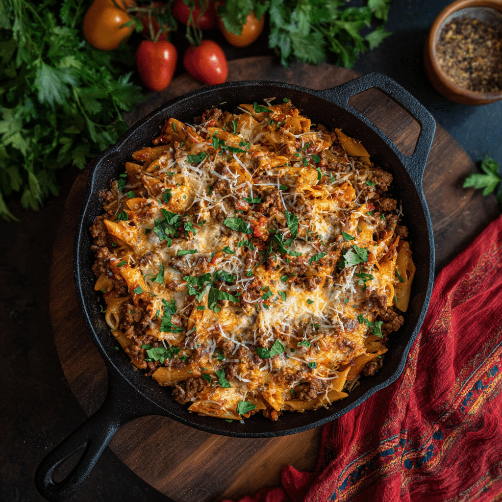 Cheesy Ground Beef Pasta Skillet – A Cozy One-Pan Hug From My Cretan Kitchen