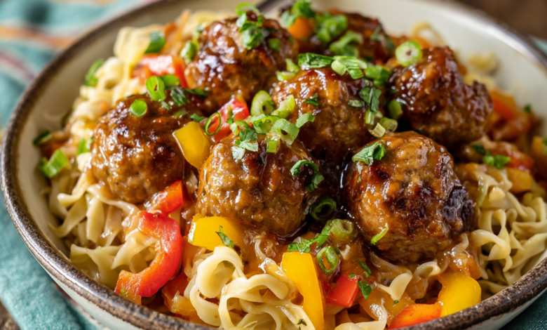 Hawaiian Meatballs with Noodles