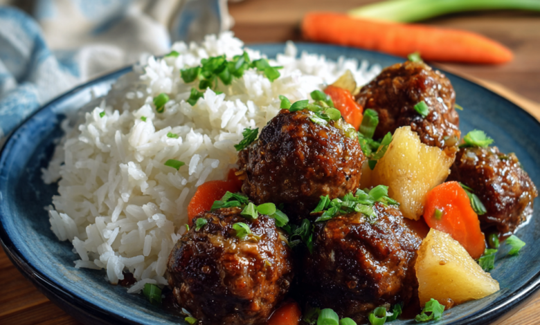 Hawaiian Meatballs with Steamed White Rice