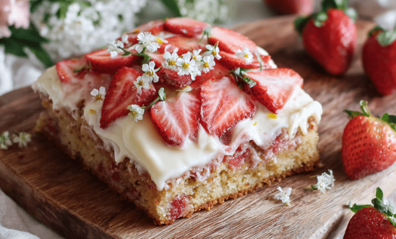 Fresh Strawberry Sheet Cake with Cream Cheese Frosting