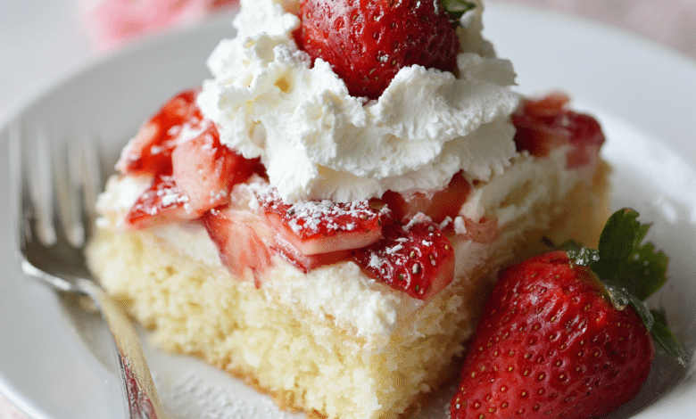 Strawberry Shortcake Sheet Cake with Fresh Strawberries