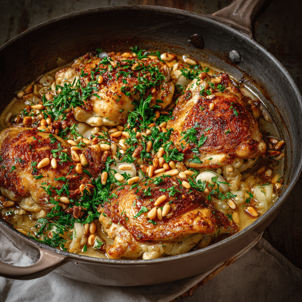 Chicken with Garlic and Pine Nuts – A Warm, Golden Dish Full of Comfort and Heart