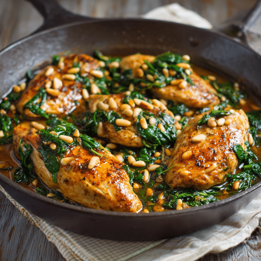 Chicken with Spinach and Pine Nuts – A Warm, Nutty Dish That Feels Like Comfort in Every Bite