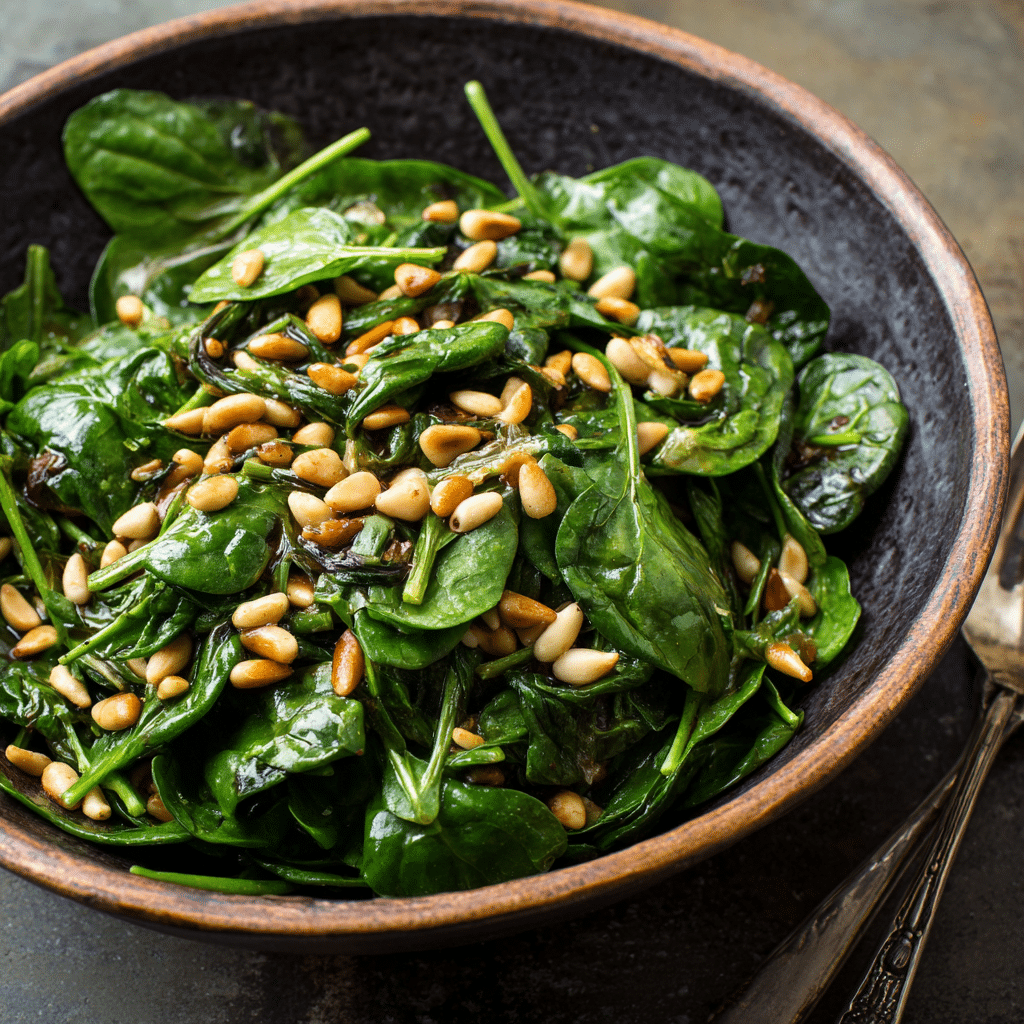 Spinach Salad with Pine Nuts – A Fresh, Nutty Bowl of Comfort and Calm