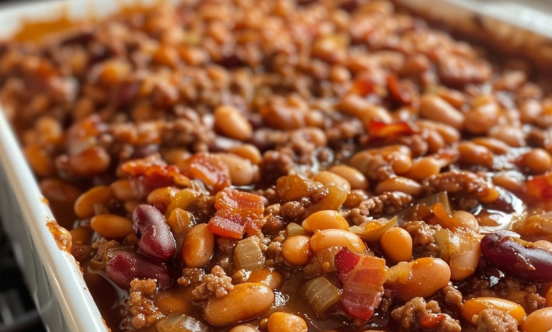 Easy Baked Beans with Ground Beef, Bacon, and Brown Sugar